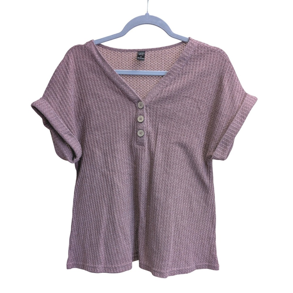 Emery Rose Womens Waffle Knit Henley Top S Purple V-Neck Short Sleeve Tee Casual - Picture 2 of 9